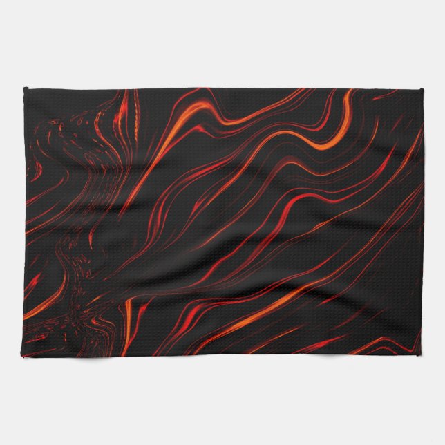 Wavy red long traces over black background kitchen towel (Horizontal)