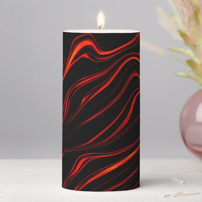 Wavy red long traces over black background  pillar candle (In Situ)