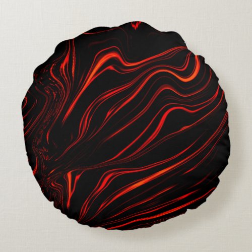 Wavy red long traces over black background round pillow