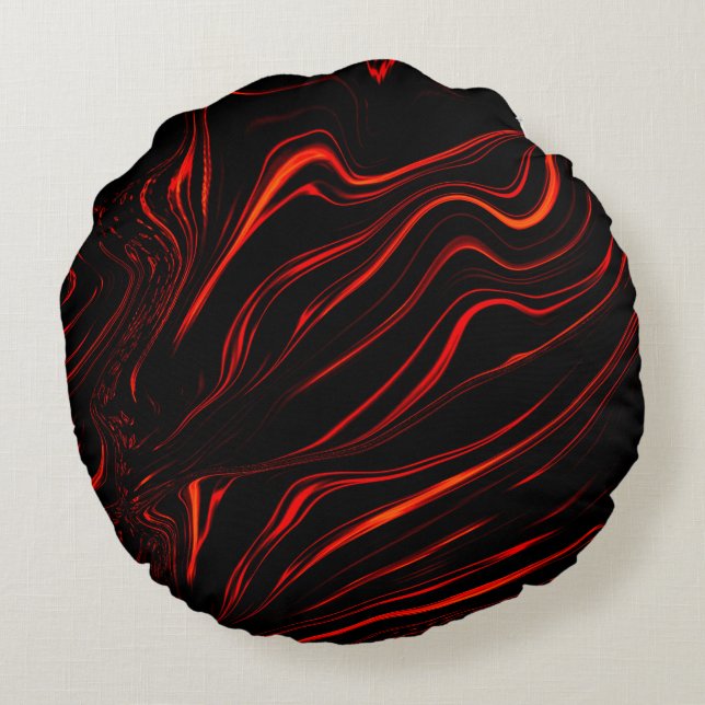 Wavy red long traces over black background round pillow (Back)