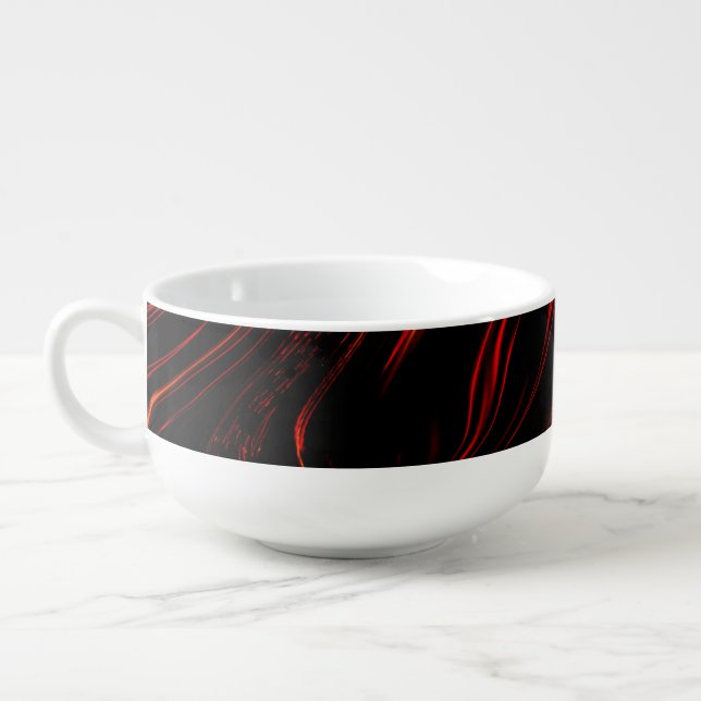 Wavy red long traces over black background soup mug (Right)