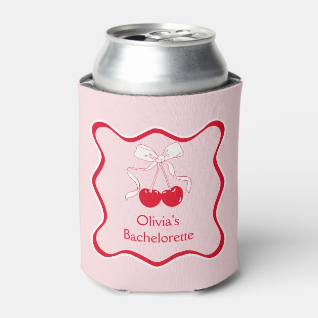 Wavy Red Pink Bow Cherry On TopBachelorette Party Can Cooler (Can Front)