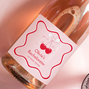 Wavy Red Pink Cherry On Top Bachelorette Champagne Sparkling Wine Label