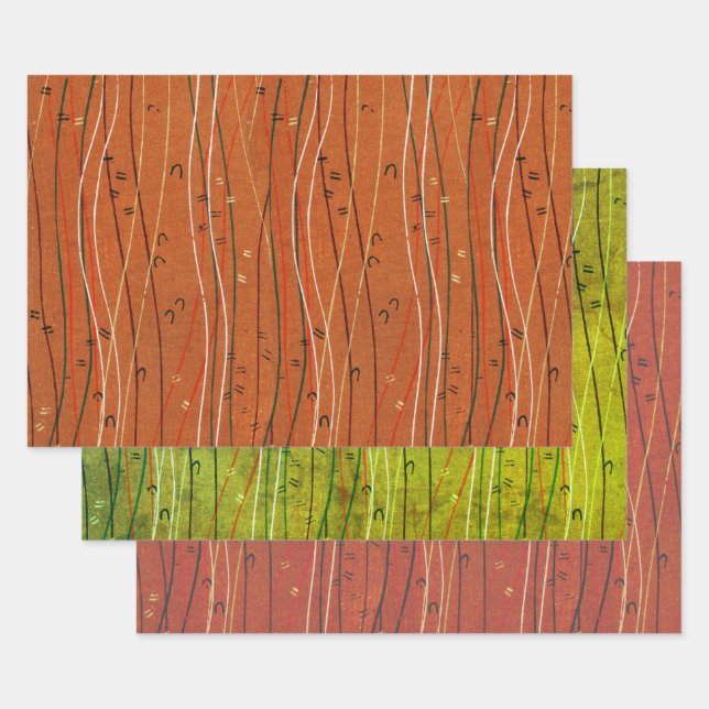 Wavy Red Stripes: Modern Japanese Abstract Art  Wrapping Paper Sheets (Set)