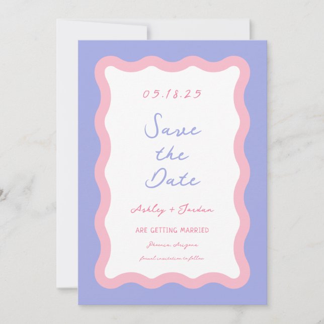 Wavy Retro Colorful Pink Purple Wedding Save The Date (Front)