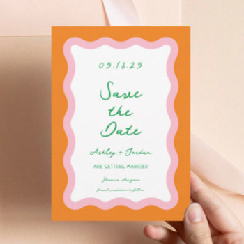 Wavy Retro Colorful Wave 70s Wedding Save The Date by SweetRainDesign at Zazzle