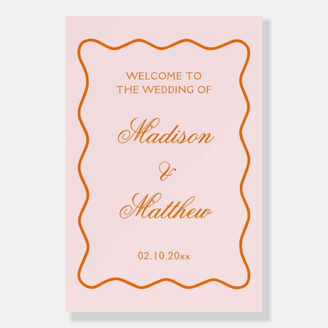 Wavy Retro Pink and Orange Wedding Welcome Foam Board (Front)