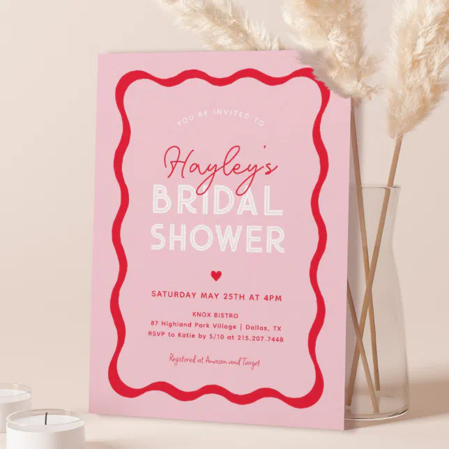 Wavy Retro Pink and Red Modern Bridal Shower Invitation | Zazzle