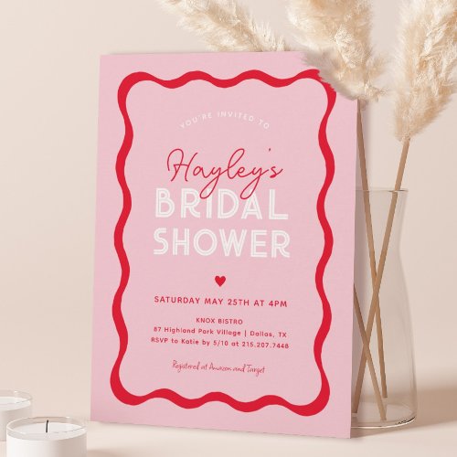 Wavy Retro Pink and Red Modern Bridal Shower Invitation