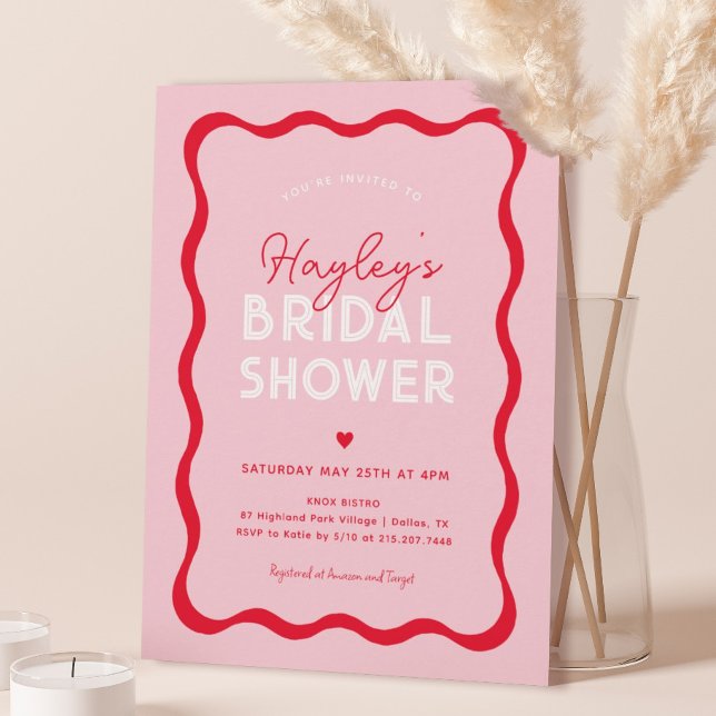 Wavy Retro Pink and Red Modern Bridal Shower Invitation (Creator Uploaded)