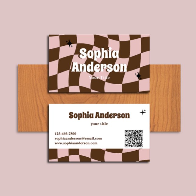 Wavy Retro Pink & Brown Checker with QR Code       Business Card (Creator Uploaded)