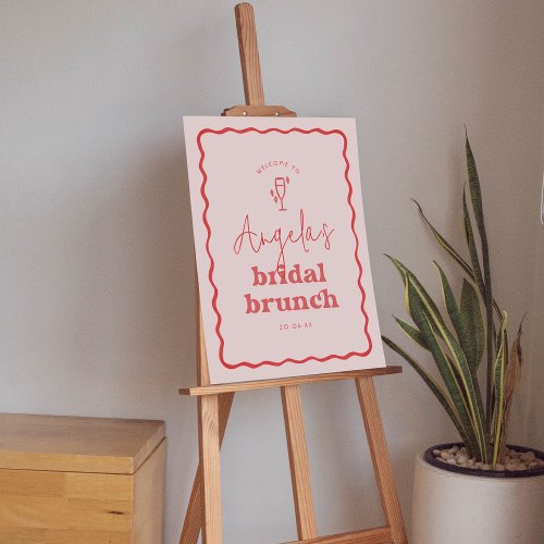 Wavy Retro Pink  Red Bridal Brunch Welcome Sign