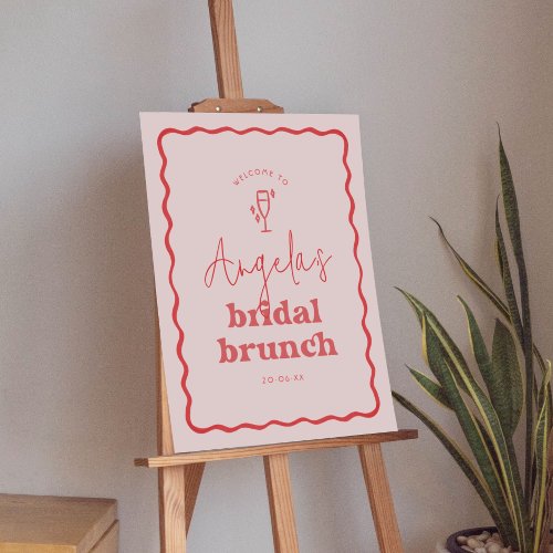 Wavy Retro Pink  Red Bridal Brunch Welcome Sign