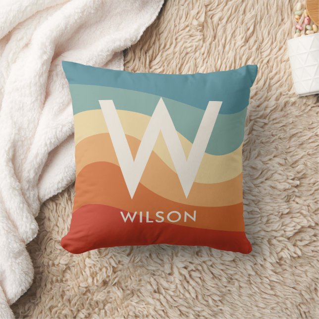 Wavy Retro Stripe Monogram  Throw Pillow (Blanket)