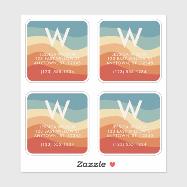 Wavy Retro Striped Monogram Personal Contact Sticker (Sheet)