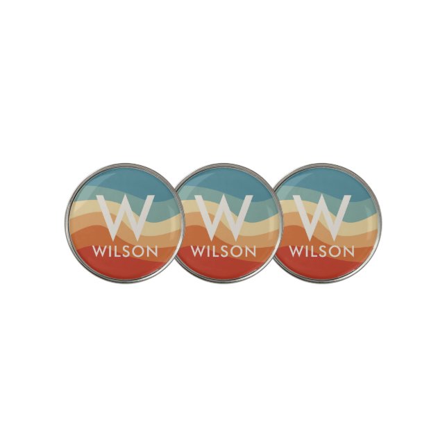 Wavy Retro Striped Monogram Personal Golf Ball Marker (3 Up)