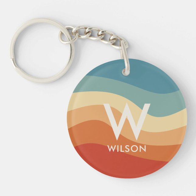 Wavy Retro Striped Monogram Personal Keychain (Front)