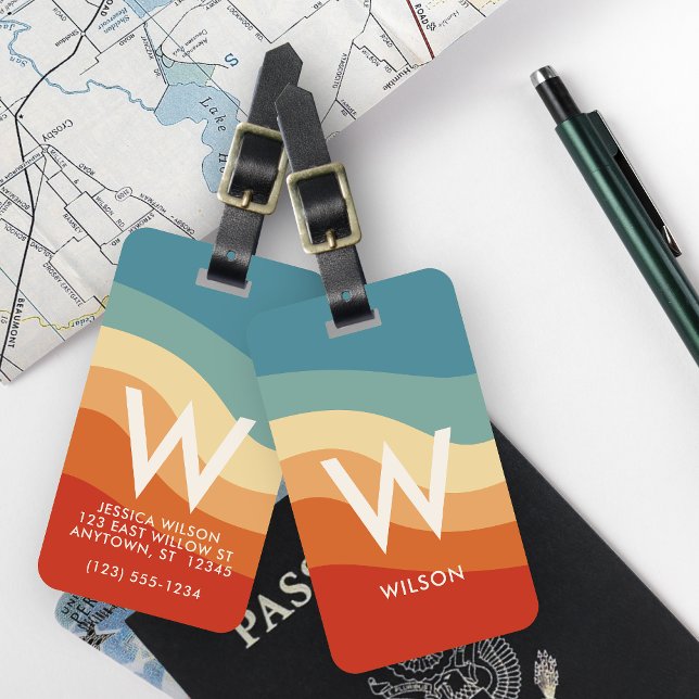 Wavy Retro Striped Monogram Personal Luggage Tag (Creator Uploaded)