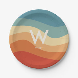 Wavy Retro Striped Monogram Personal Party Paper Plates