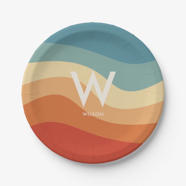 Wavy Retro Striped Monogram Personal Party Paper Plates (Front)