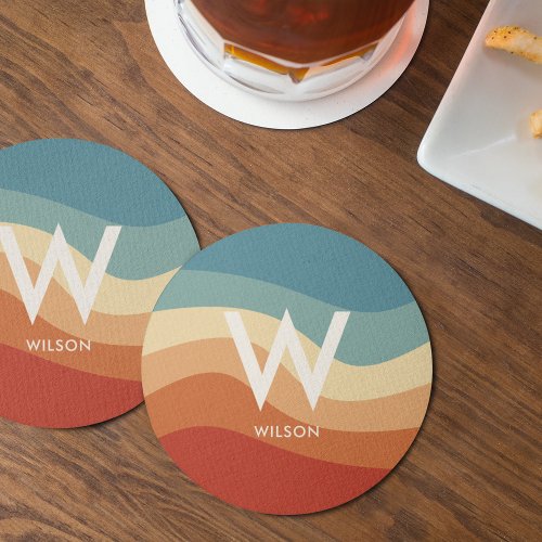 Wavy Retro Striped Monogram Personal Party Round Paper Coaster