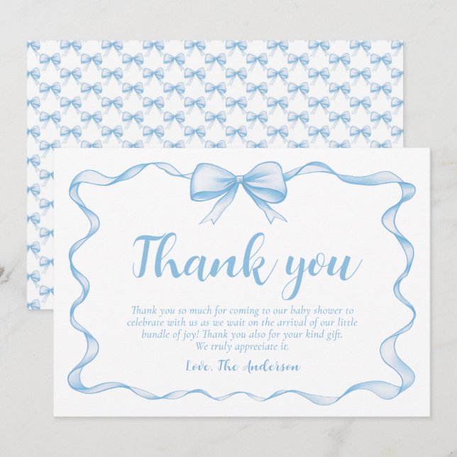 Wavy Ribbon Frame Dusty Blue Bow Baby Shower Invitation (Front/Back)