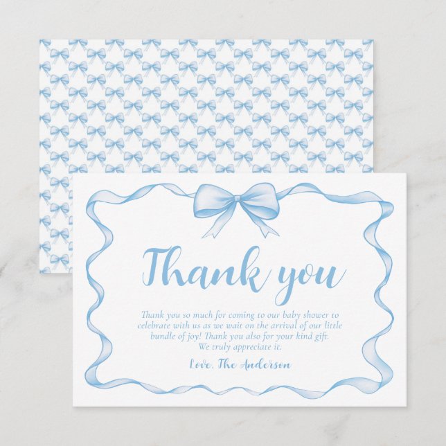 Wavy Ribbon Frame Dusty Blue Bow Baby Shower Thank You Card (Front/Back)