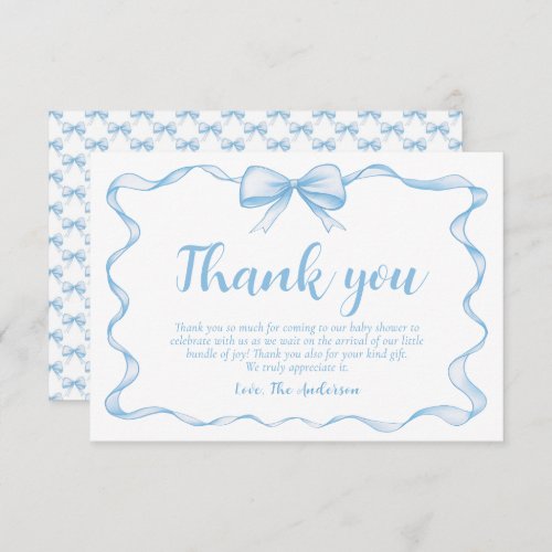 Wavy Ribbon Frame Dusty Blue Bow Baby Shower Thank You Card
