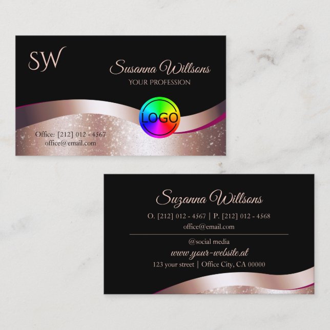 Wavy Rose Gold Decor Black with Logo and Monogram Business Card (Front/Back)
