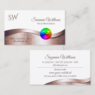 Wavy Rose Gold Decor White with Logo and Monogram Business Card