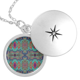 Wavy Sea Foam Green and Red Trippy Pattern Locket Necklace