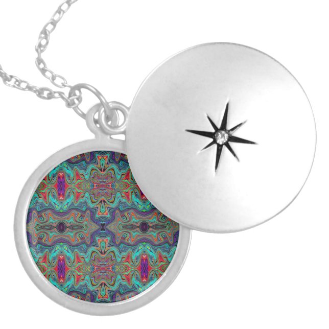 Wavy Sea Foam Green and Red Trippy Pattern Locket Necklace (Front)