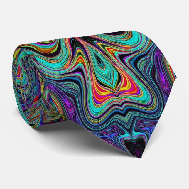 Wavy Sea Foam Green and Red Trippy Pattern Neck Tie (Rolled)