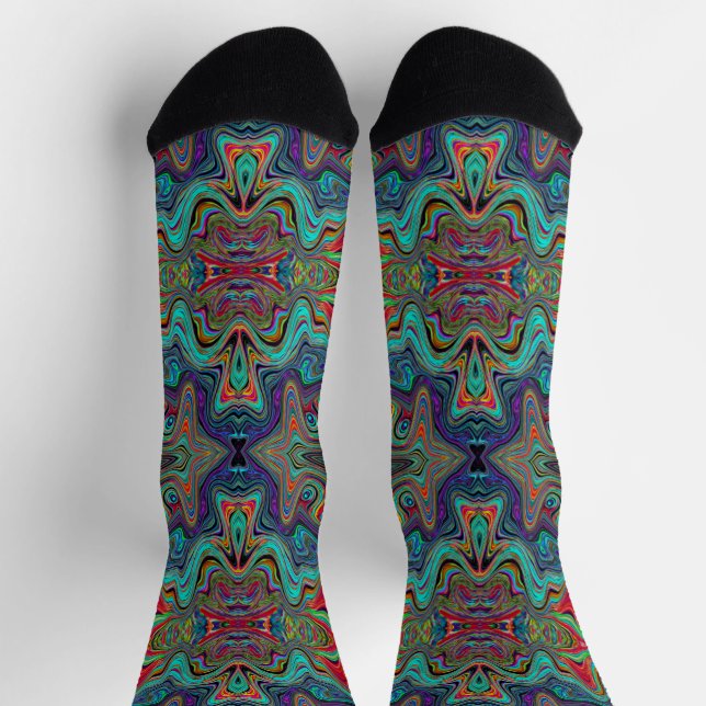 Wavy Sea Foam Green and Red Trippy Pattern Socks (Top)