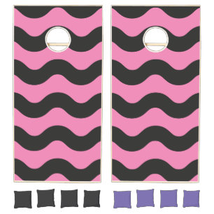 Wavy Striped Pink and Black Cornhole Set