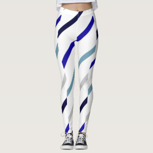 Wavy-Striped White Royal Blue Navy & Gray-Blue Leggings