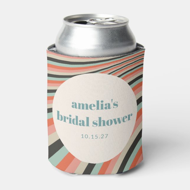 Wavy Stripes Aqua Peach Custom Bridal Shower Can Cooler (Can Front)