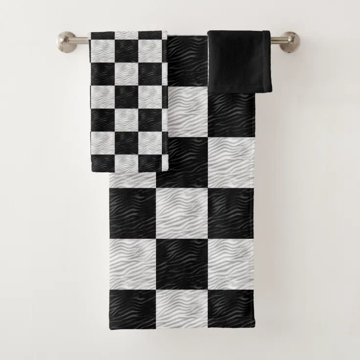 Wavy Textured Black & White Checkered Bath Towel Set Zazzle