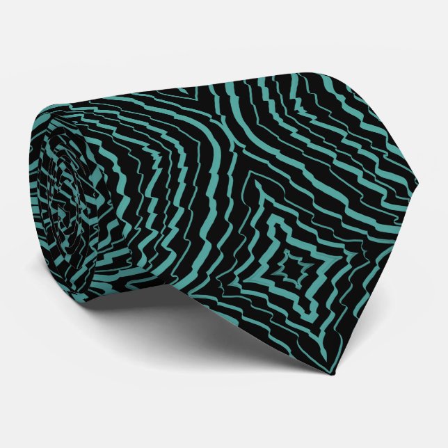 Wavy Tilted Ribbon Pattern With Teal On Black      Neck Tie (Rolled)