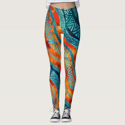 Wavy Tribal  Ethnic Boho Pattern Leggings