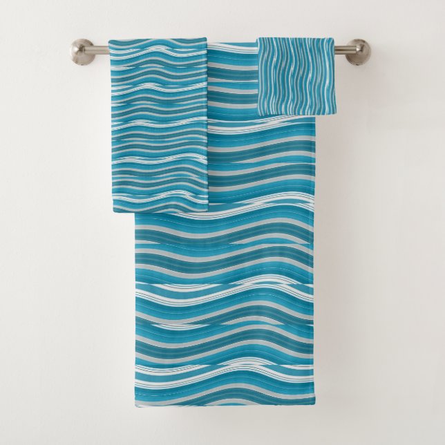 Wavy Turquoise and White Stripes Bath Towel Set (Insitu)
