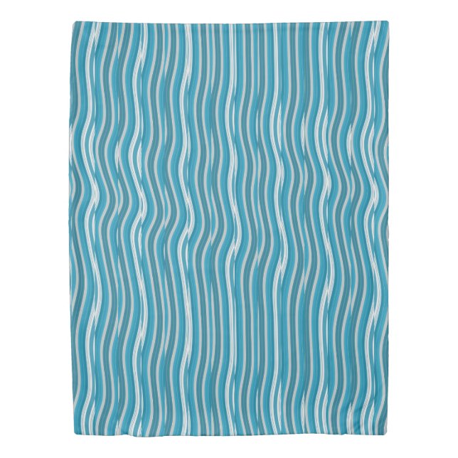 Wavy Turquoise and White Stripes Duvet Cover (Front)