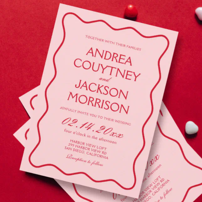 Wavy Valentine Red and Pink Wedding Invitation | Zazzle
