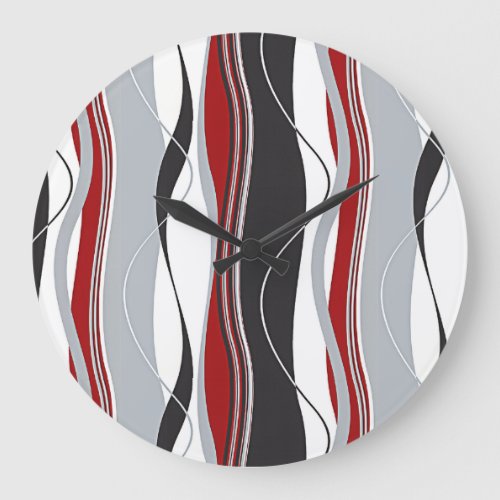 Wavy Vertical Stripes Red Black White  Grey Large Clock