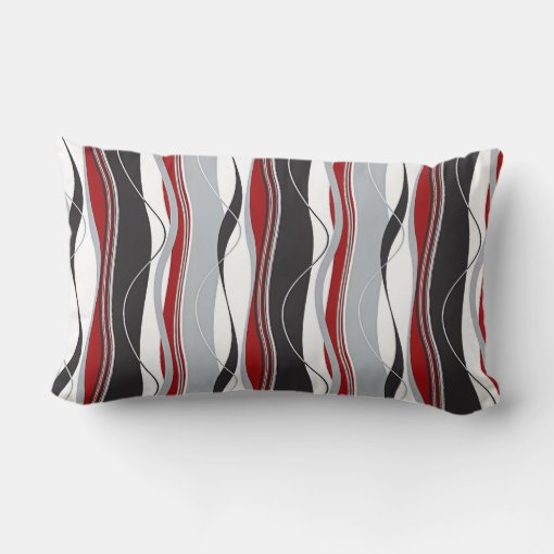 Wavy Vertical Stripes Red Black White & Grey Lumbar Pillow Zazzle