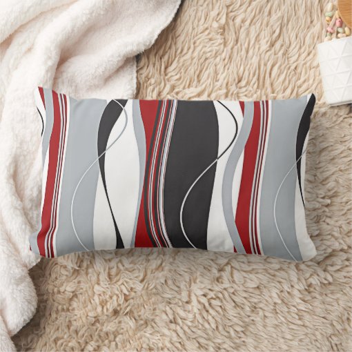 Wavy Vertical Stripes Red Black White & Grey Lumbar Pillow Zazzle