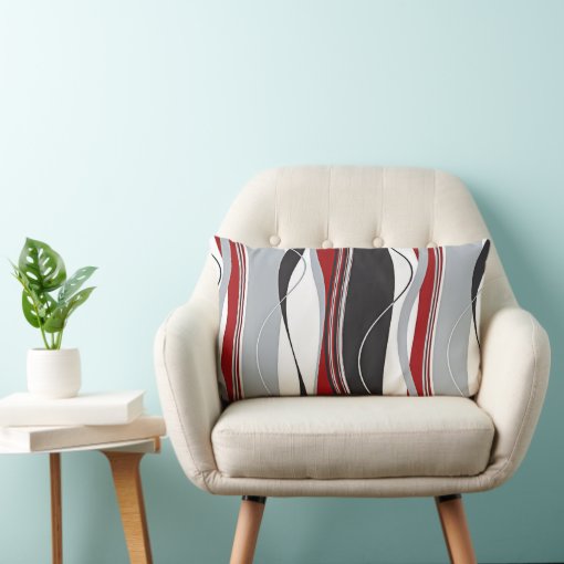 Wavy Vertical Stripes Red Black White & Grey Lumbar Pillow Zazzle
