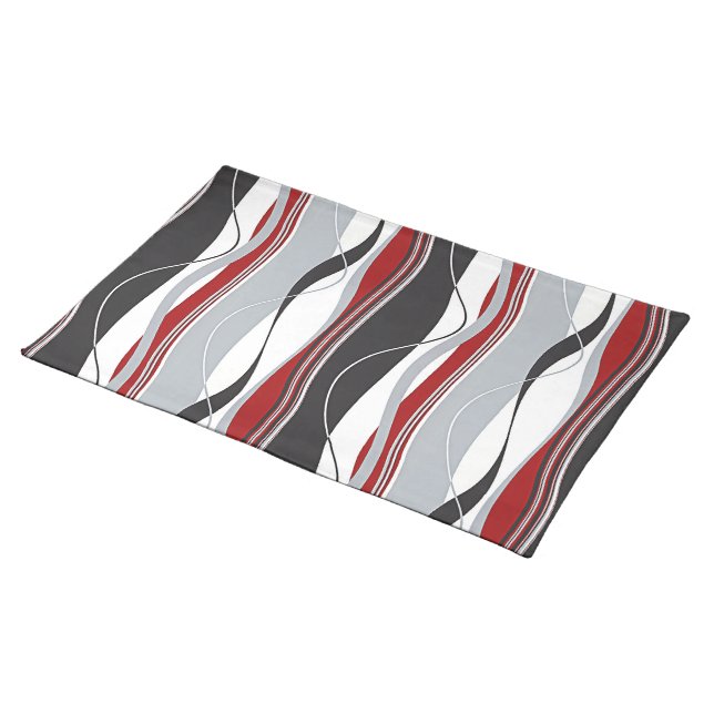 Wavy Vertical Stripes Red Black White & Grey Placemat (On Table)
