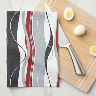 Wavy Vertical Stripes Red Black White & Grey Towel