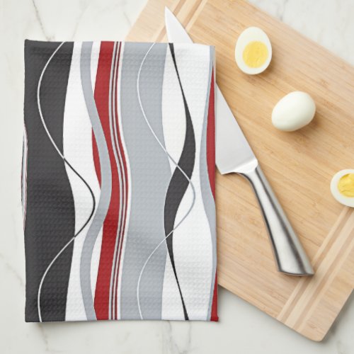 Wavy Vertical Stripes Red Black White  Grey Towel